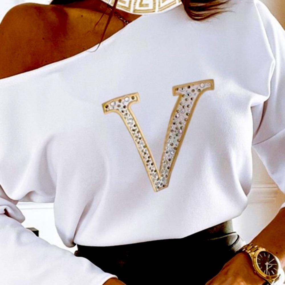V neck print Rhinestone out shoulder long sleeve top